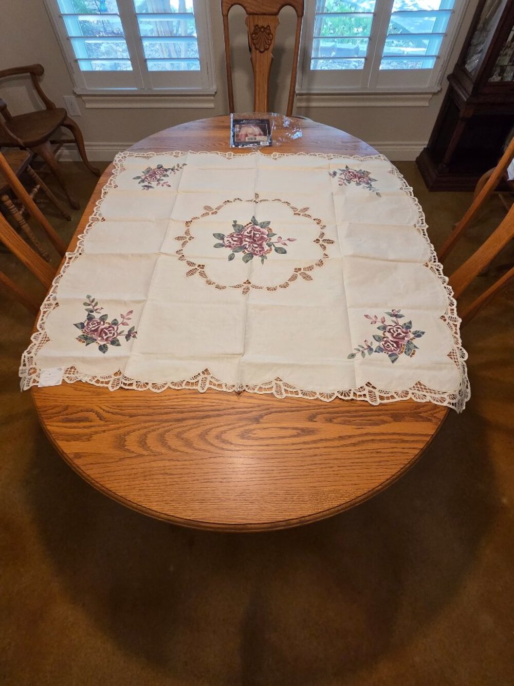 Battenburg Lace Hand Painted Rose Tablecloth Topper 45x45" Ecru Beige, NWT